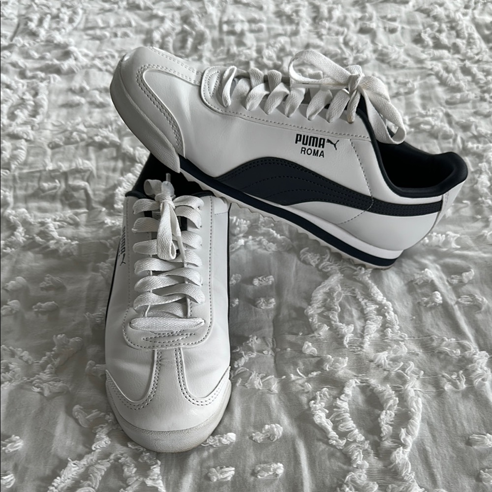 PUMA White and Navy Roma Sneakers